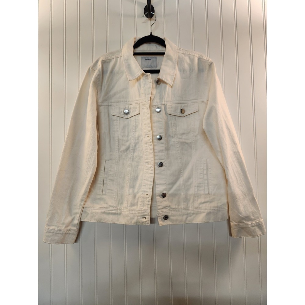 Old Navy Women's White 100% Cotton Denim Trucker Jacket Size L Classic Casual
